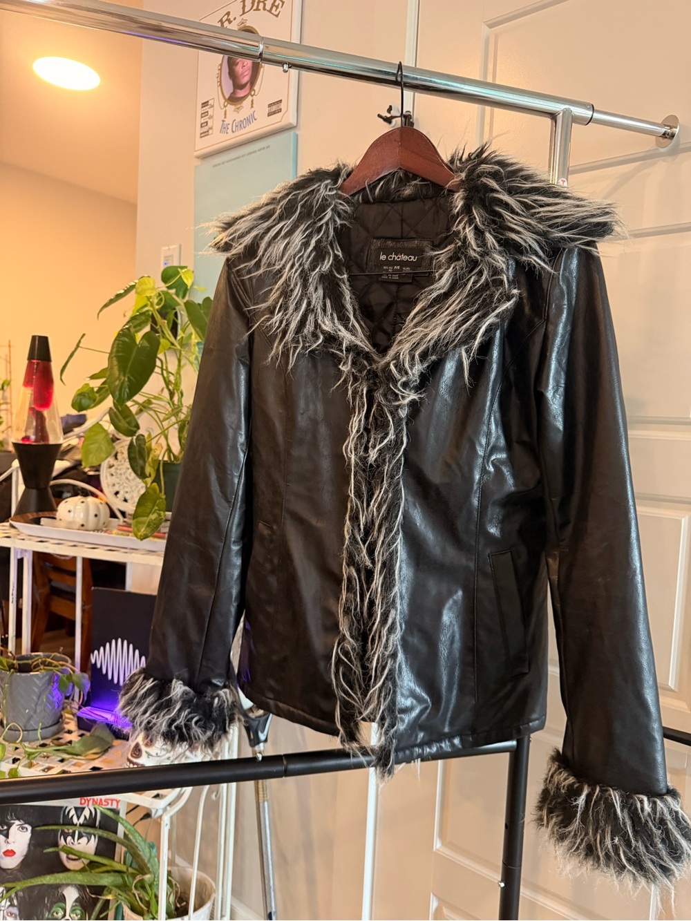 le chateau Black Faux Leather Jacket with Gray Faux Fur Trim